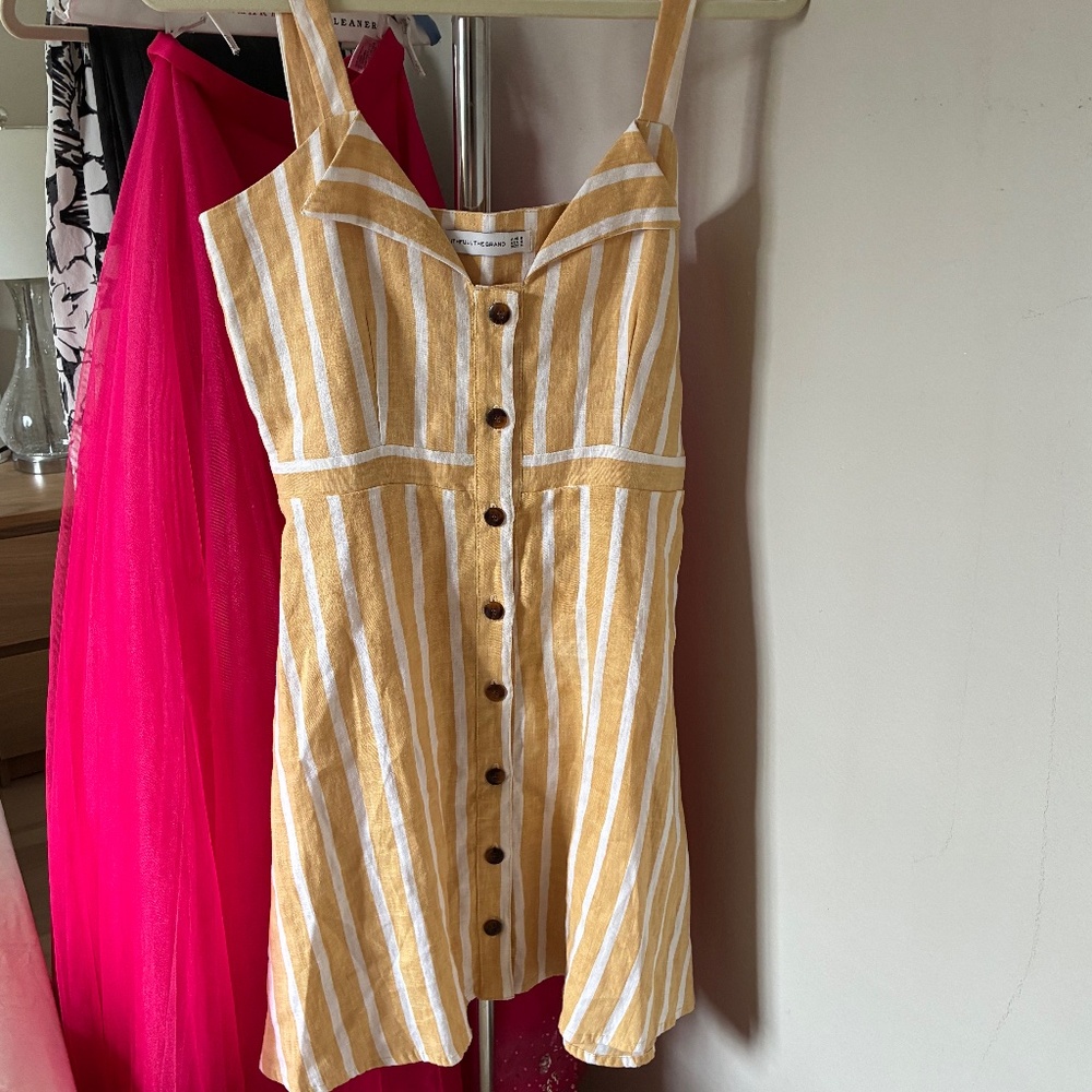 100% Linen Butter Yellow Striped Mini Sundress Button Front Sailor Pinup